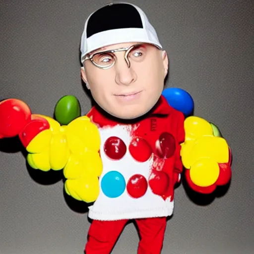 Prompt: an m&m’s mascot disguised as Eminem