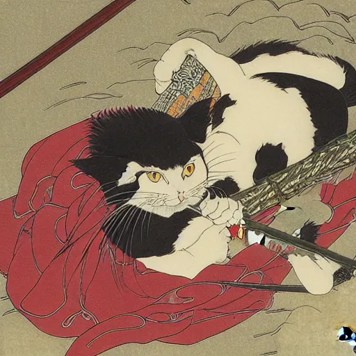 Image similar to illustration of japan cat with katana by takato yamamoto, by yoshitoshi abe, by makoto shinkai