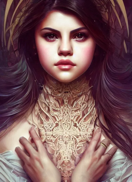 Image similar to symmetry!! selena gomez, machine parts embedded into face, intricate, elegant, highly detailed, digital painting, artstation, concept art, smooth, sharp focus, illustration, art by artgerm and greg rutkowski and alphonse mucha, 8 k