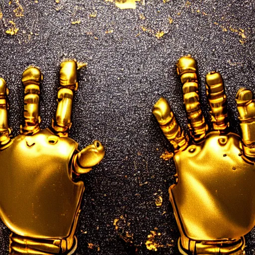 Prompt: a robotic hand rises from molten gold, cinematic, 4k