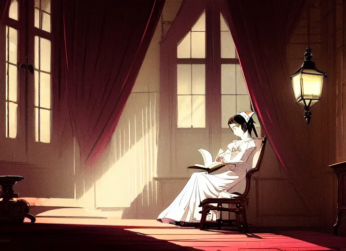 Prompt: victorian britain 1 8 3 5, adolecent florence nightingale reading in a chair in the drawing room of a english victorian manor light from a window on the left, finely detailed perfect art, gapmoe yandere grimdark, trending on pixiv fanbox, painted by greg rutkowski makoto shinkai takashi takeuchi studio ghibli