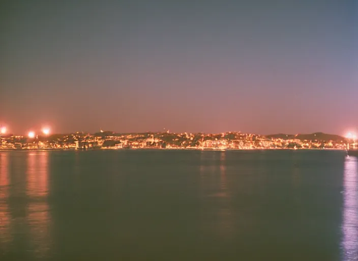 Image similar to photography, ocean at night, blue lighting, glowing city in the distance 35mm film,