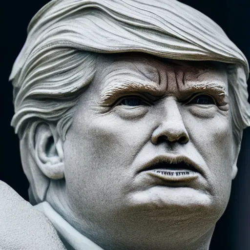 Prompt: close up photo of highly detailed marble statue of donald trump in a museum with a large crowd of gray aliens observing, far future, 8 k, 1 5 0 mp,