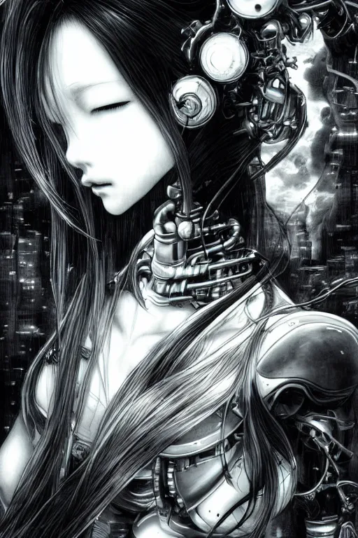 Image similar to a vertical portrait of a character in a scenic environment by Yoshitaka Amano, black and white, dreamy, cybernetic suit, wavy long black hair, highly detailed