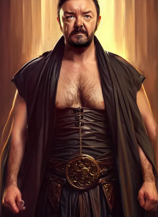 Image similar to portrait of ricky gervais, d & d, muscular! fantasy, intricate, leather robes, elegant, highly detailed, digital painting, artstation, concept art, smooth, sharp focus, illustration, art by artgerm and greg rutkowski and alphonse mucha