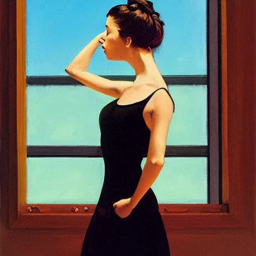 Prompt: artwork portrait painting of a ballet dancer in a black tutu standing in front of a window showing a perfect blue sky by jack vettriano h 6 4 0