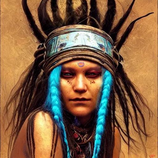 Image similar to A young blindfolded shaman woman with a decorated headband, in the style of heilung, blue hair dreadlocks and wood on her head., made by karol bak ans shaun tan