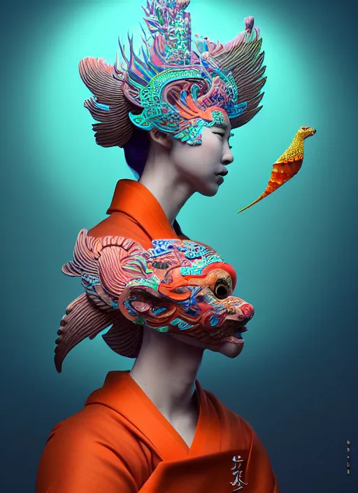 Image similar to 3 d goddess medium shot profile portrait. beautiful intricate highly detailed korean gumiho mask and traditional korean hanbok. stingray, magpie, bioluminescent, plasma, lava, ice, water, wind, creature, fog, artwork by tooth wu and wlop and beeple and greg rutkowski, in the style of hudson river school,