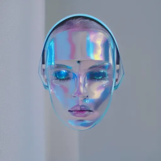 Image similar to an ultra high definition professional studio quality photograph of a transparent iridescent perspex pastel coloured head dress on a white coat hook in an empty white room. dramatic lighting, ray tracing, refraction, shallow d. o. f, colour corrected, golden ratio, three point light. volumetric shadows..