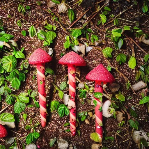 Prompt: a photograph of a clump of strawberry ice cream cones with rainbow sprinkles growing in the deep lush forest like mushrooms. Shallow depth-of-field