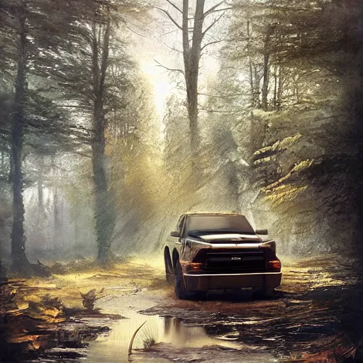 Prompt: a pickup truck in the woods, digital art by ruan jia and mandy jurgens and artgerm, highly detailed, trending on artstation, award winning