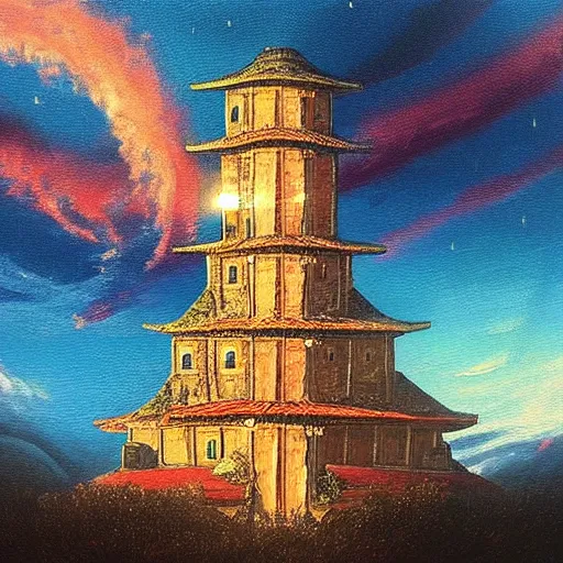 Image similar to “ a very detailed painting in the style of noriyoshi ohrai of an ancient holy tower, it is a glowing fortress and has iridescent mana radiating from it into the aether. it is centered. the background is the sky at dusk. retrofuturistic fantasy ”