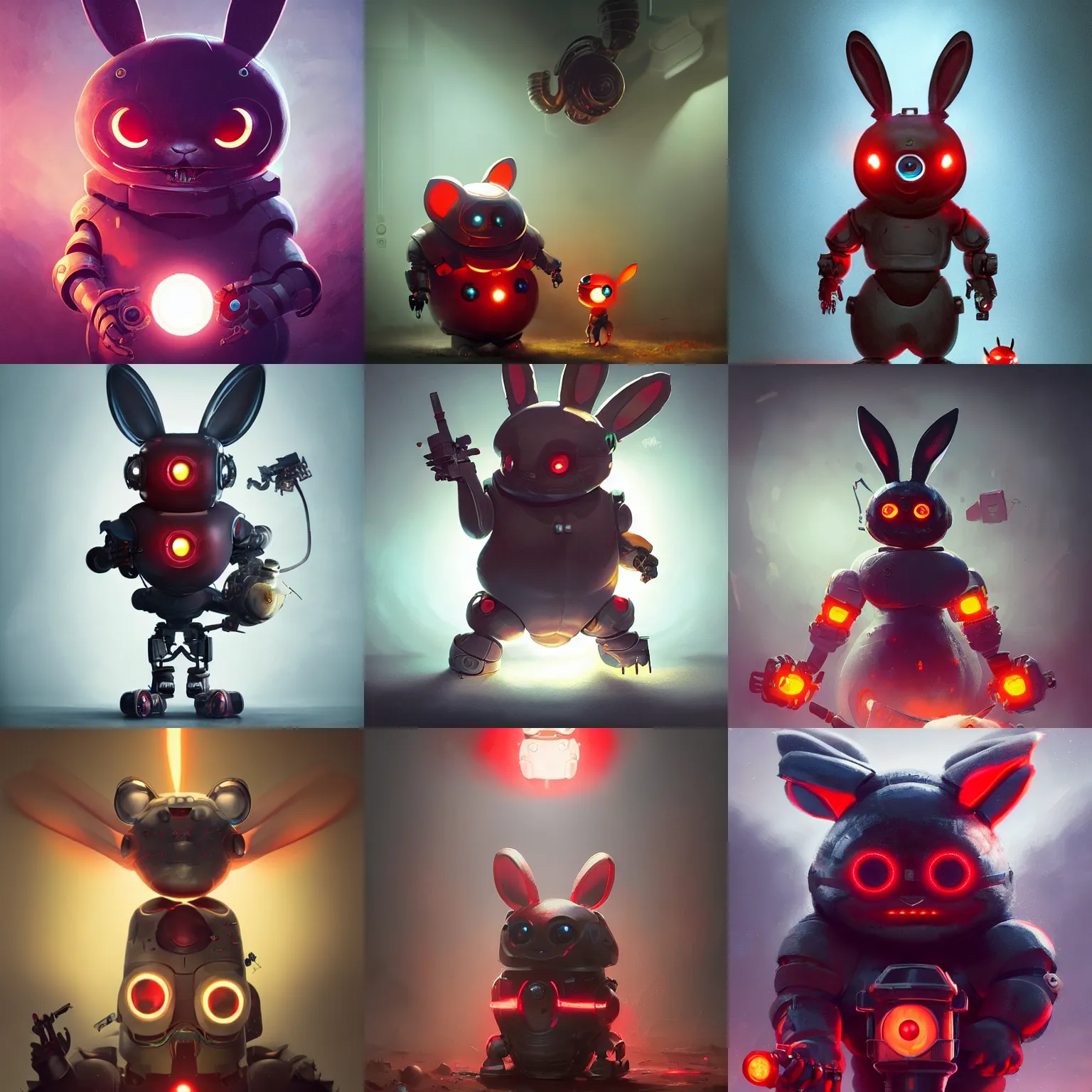 Prompt: cute chubby dangerous angry 3 years old robot child with big glowing red eyes and big rabbit ears , big complex belly mechanism , studio light, retro design by greg rutkowski