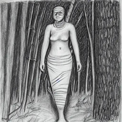 Prompt: bandaged mummy walks through camp, in jungle, pencil drawing, high resolution,