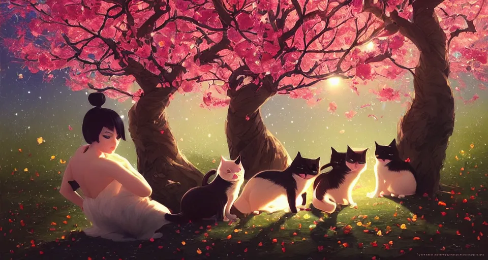 Image similar to multiple cats behind a beautiful tree full of falling petals, night setting with stars. realistic shaded lighting poster by ilya kuvshinov katsuhiro, magali villeneuve, artgerm, jeremy lipkin and michael garmash, rob rey and kentaro miura style, trending on art station