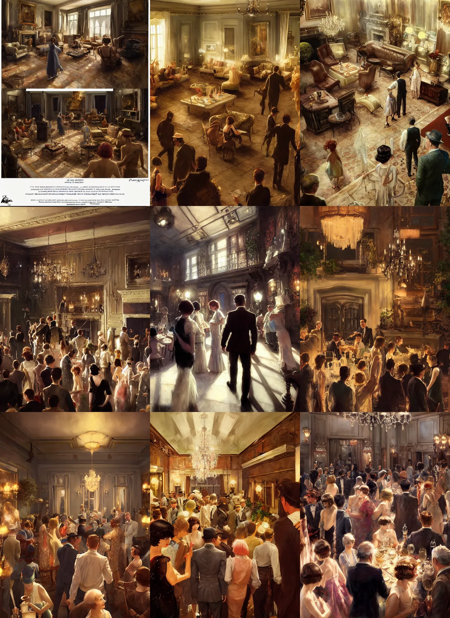 Image similar to craig mullins and ghibli and james gurney detailed realist painting of a 1 9 2 0 s grand party in a beautiful mansion, many partygoers, strong contrast, unreal engine, hyper realism, realistic shading, cinematic composition, realistic render, octane render, detailed textures, photorealistic, close shot, 3 5 mm film