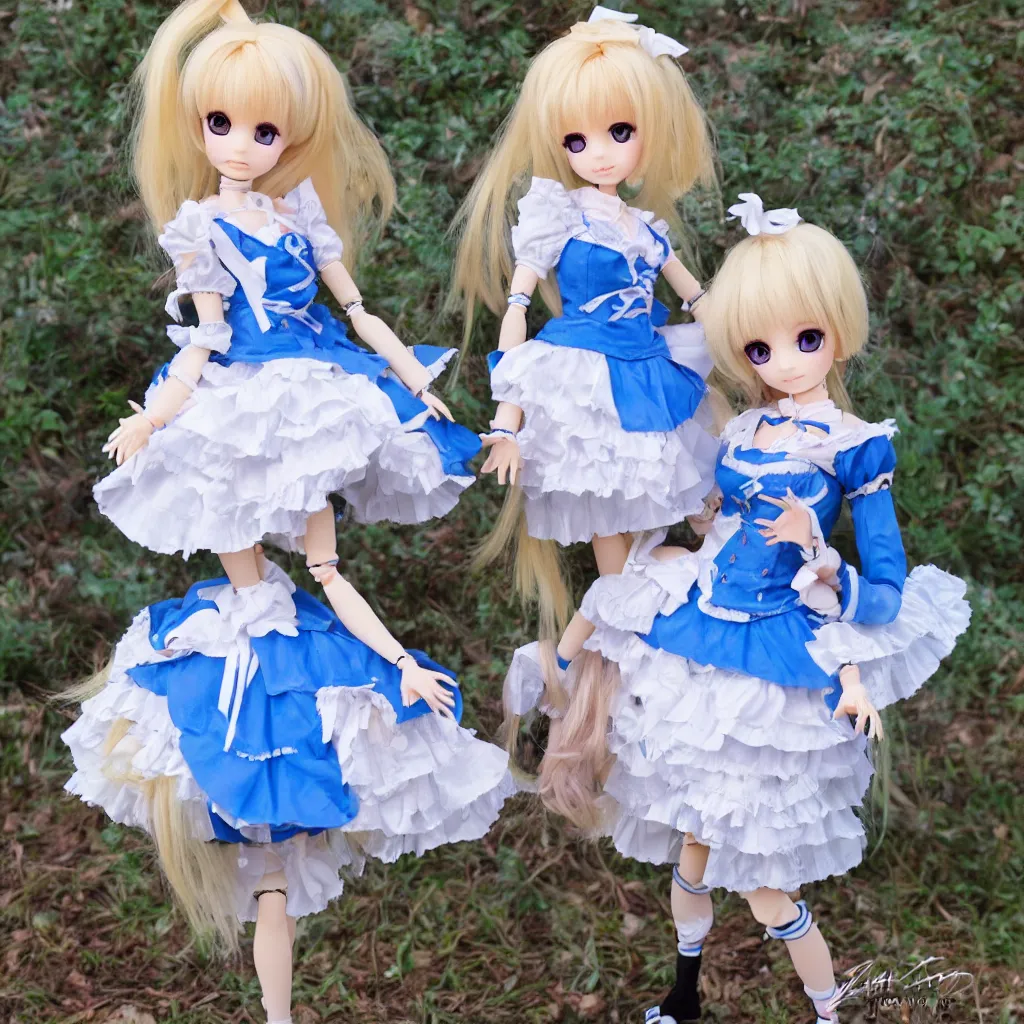 Prompt: high quality photograph of an adorable anime style ball jointed, dollfie dream doll with blonde hair, blue eyes, wearing a kawaii aesthetic alice in wonderland outfit. highly detailed, award - winning