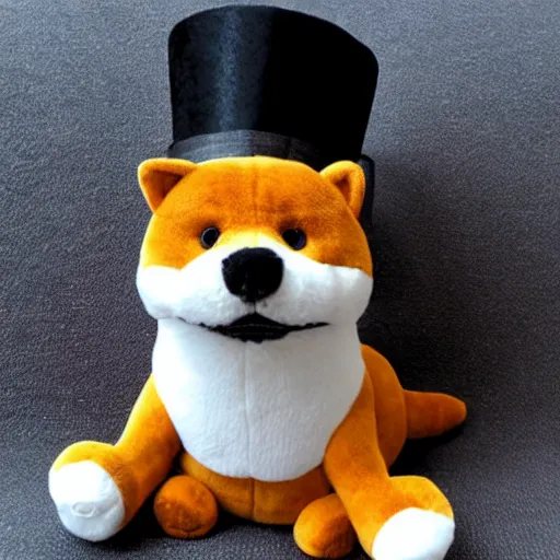 Image similar to a shiba plush wearing a top hat