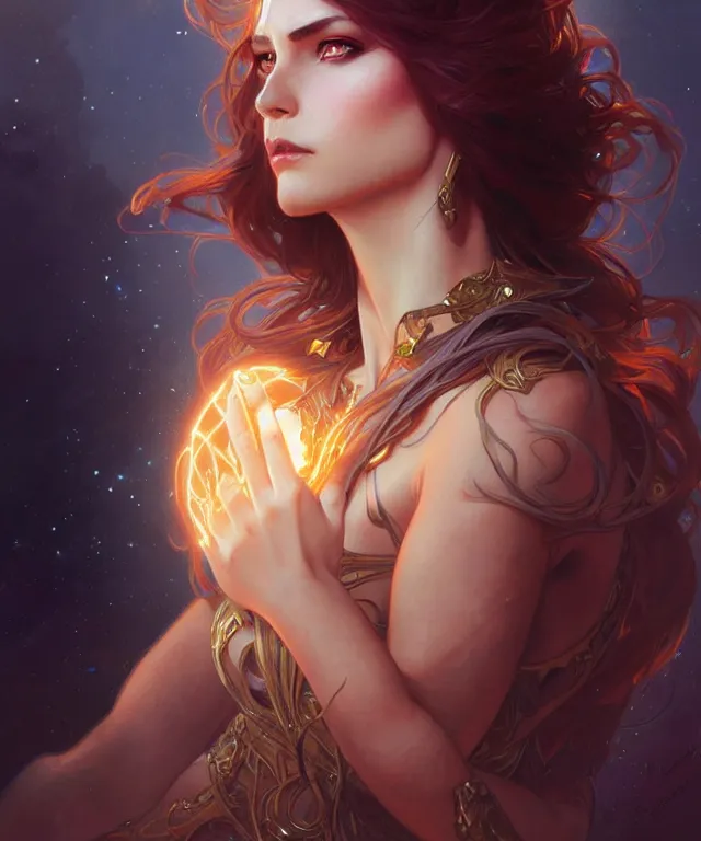 Image similar to fantasy magic woman portrait, sci-fi, amber eyes, face, long hair, fantasy, intricate, elegant, highly detailed, digital painting, artstation, concept art, smooth, sharp focus, illustration, art by artgerm and greg rutkowski and alphonse mucha