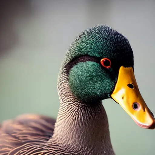 Image similar to A high detail closeup shot of a duck wearing a suit