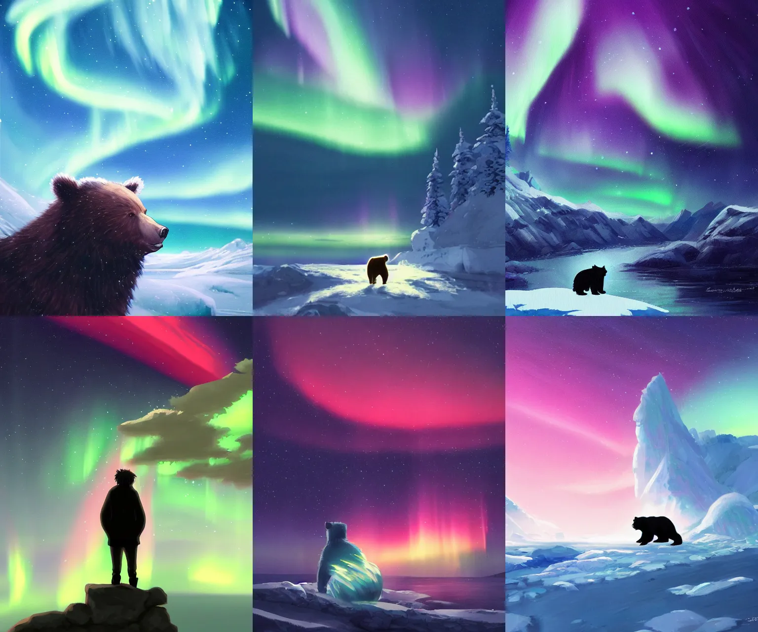 Prompt: anime painting of a bear exploring the arctic, illuminated by the beautiful northern lights in the night sky above them, by makoto shinkai, tranquil, trending on artstation, kimi no na wa