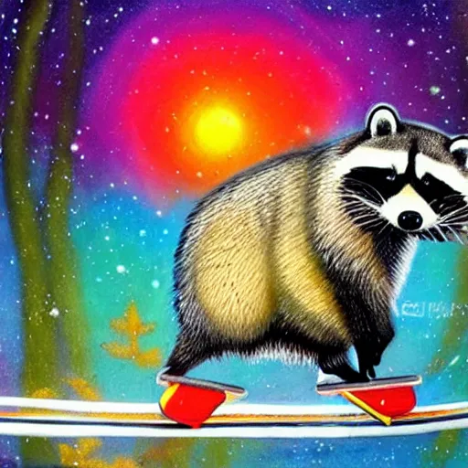 Prompt: fat raccoon skating through the cosmos, colorful, realistic, photorealism