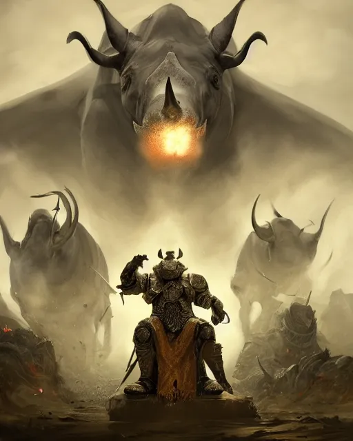 Image similar to Rhino, Anthropomorphized, as warlord general on skull throne, magic the gathering artwork, D&D, fantasy, cinematic lighting, centered, symmetrical, highly detailed, digital painting, artstation, concept art, smooth, sharp focus, illustration, volumetric lighting, epic Composition, 8k, art by Akihiko Yoshida and Greg Rutkowski and Craig Mullins, heroic pose, oil painting, cgsociety, Battlefield background, explosions, arrows