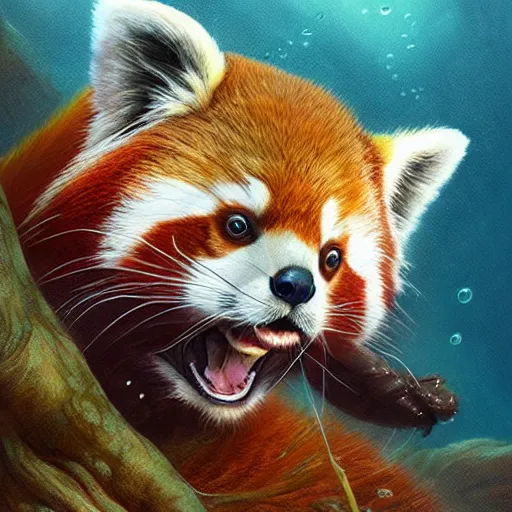 Image similar to commissioned portrait of a furry anthro female red panda scuba diving underwater, painted todd lockwood, jeff easley, greg rutkowski, james gurney, artgerm, digital art, trending on artstation