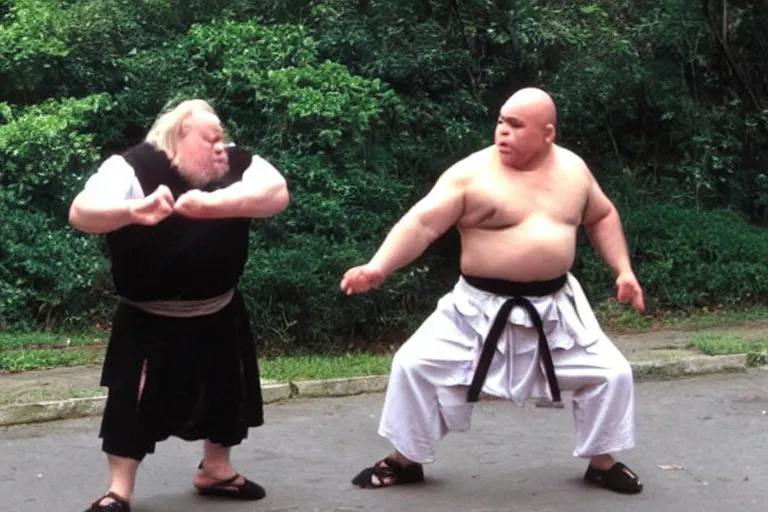 Image similar to 6 0 0 pound dwarf doing kung fu practice in the matrix