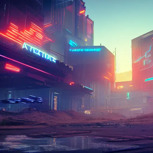 Image similar to octane render of a cyberpunkwild west, angular, beeple, earth tone color scheme, cgsociety