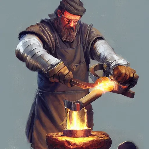 Image similar to a medieval blacksmith forging a metal dna molecule on an anvil with his hammer and tongs, by stanley artgerm lau, wlop, rossdraws, james jean, andrei riabovitchev, marc simonetti, yoshitaka amano, artstation, cgsociety,