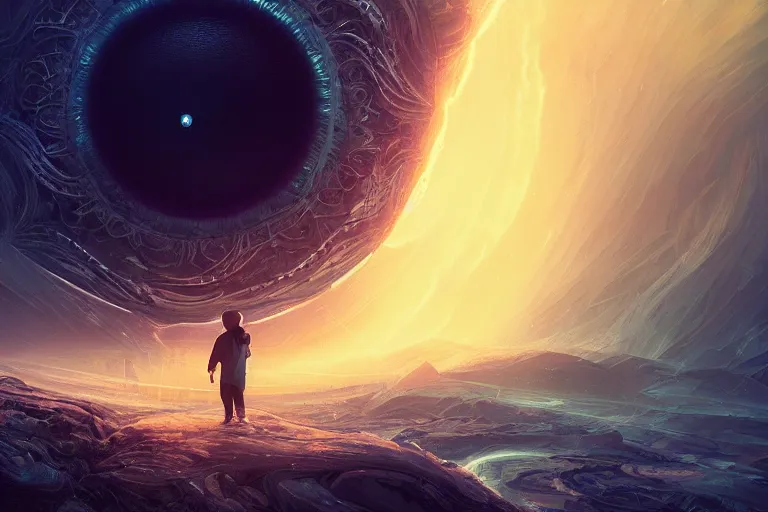 Image similar to portrait of a mystical giant eye, intricate, abstract, cinematic, octane render, wlop, dan mumford, artgerm, dramatic lighting