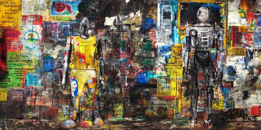 Image similar to robot in Ajegunle slum of Lagos conversing with African Jesus Christ about beauty under a large UFO beaming a neon ray, painting by Robert Rauschenberg,