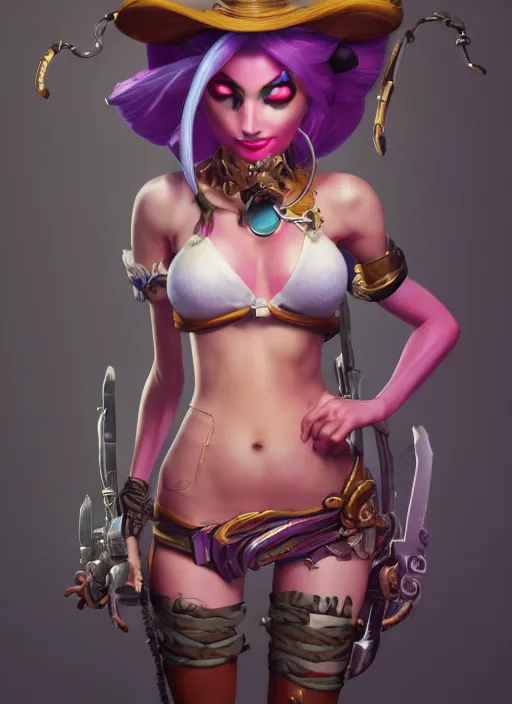 Image similar to jinx the loose canon, from league of legends, hyper detailed, digital art, trending in artstation, cinematic lighting, studio quality, smooth render, fluorescent skin, unreal engine 5 rendered, octane rendered, art style by klimt and nixeu and ian sprigger and wlop and krenz cushart