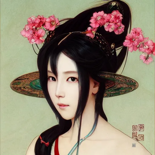 Image similar to a beautiful portrait of hatsune miku with long black and deep red colored hair dressed as a 1 st century chinese noblewoman, intricate, elegant, highly detailed, digital painting, artstation, concept art, matte, sharp focus, illustration, art by greg rutkowski and alphonse mucha