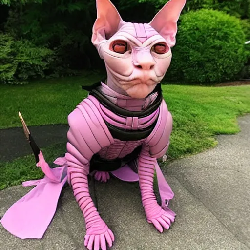 Image similar to samurai armor worn by hairless sphynx cat