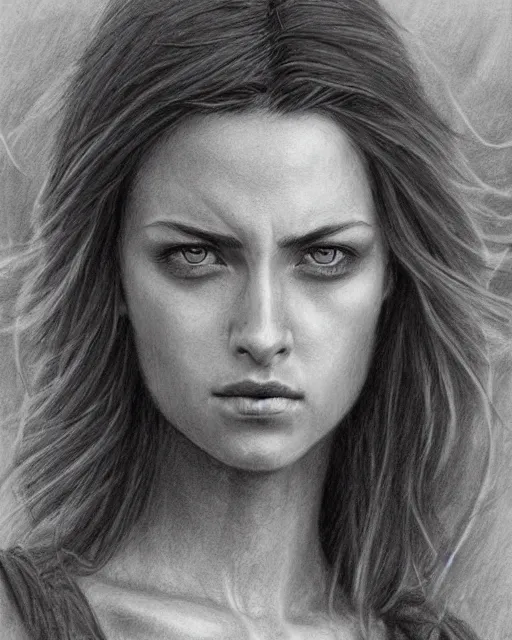 Image similar to pencil drawing of kleopatra, hyper realistic face, in the style of greg rutkowski, fantasy, amazing detail, epic, elegant, smooth, sharp focus, from the front