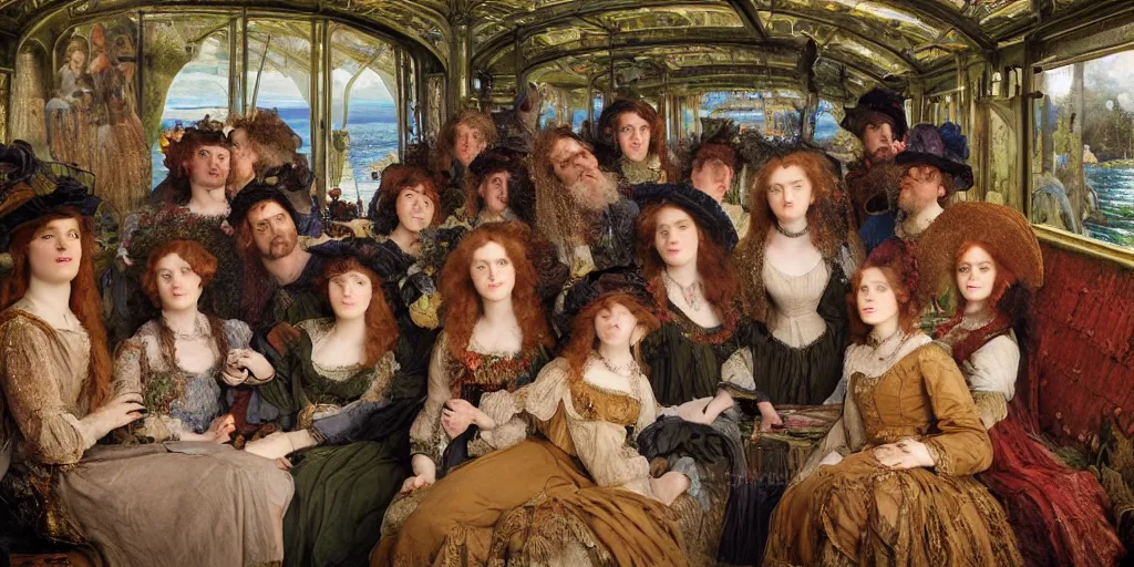 Image similar to detailed colour preraphaelite photograph group portrait of amazingly cool characterful people sat down extreme closeup, in the inside of the beautiful underwater train to atlantis, every face lifelike expressions, crowds of people sat down wearing unusual clothes, by william powell frith, 4 k