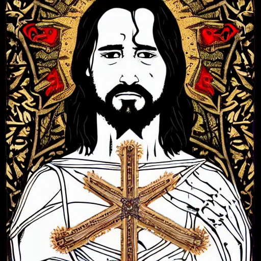 Image similar to blooded jesus christ on mayheim crosses with taliban. symmetrical anatomy, very intricate, digital design, perfect details, pop punk art style, colorful, accompanied by body, pure image without duplication, dribble popular, trending on arstation, drawn by ilya kuvshinov and vinicius gud and gustavo zambelli, intricate, ultra high definition.