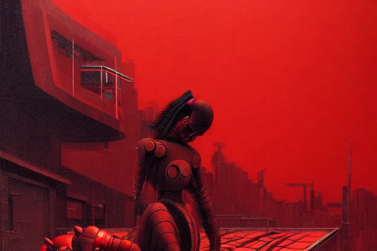 Image similar to only with red, a red cyborg samurai, tokio futuristic in background, some evil yokai, in the style of beksinski, parts by edward hopper, parts by rodcenko, parts by yue minjun, intricate and epic composition, red by caravaggio, insanely quality, highly detailed, masterpiece, red light, artstation, 4 k