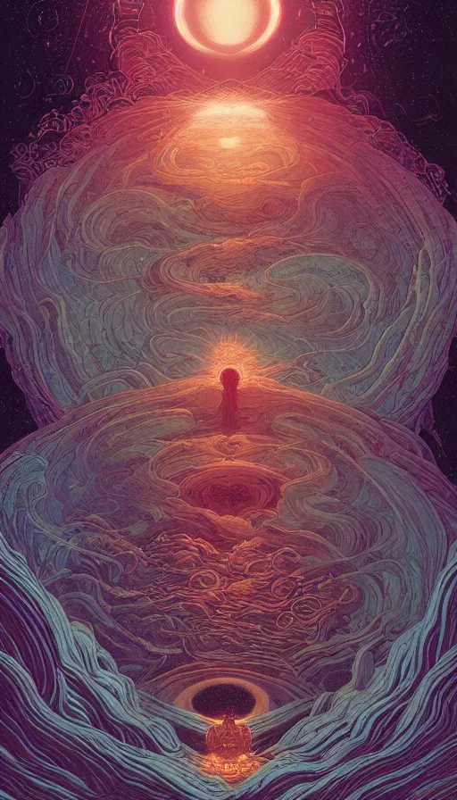 Image similar to The oracle of ancient dreaming of the endless on cosmic cloudscape, Da Vinci, Dan Mumford, Victo Ngai, Kilian Eng, Josan Gonzalez