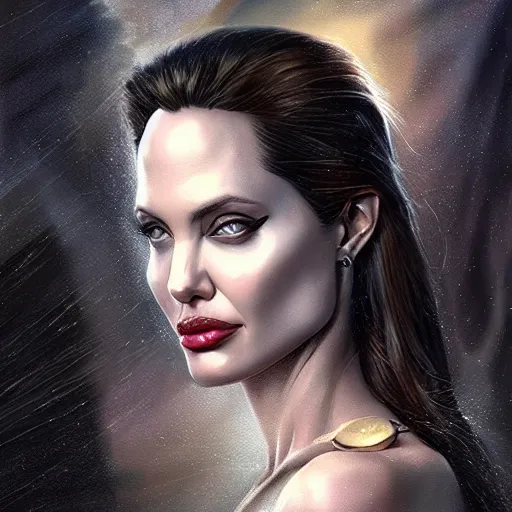 Image similar to Angelina Jolie as Lucifer Morningstar, highly detailed, digital painting, artstation, concept art, smooth, sharp focus, illustration, ArtStation, art by Katsuhiro Otomo and Tom Bagshaw