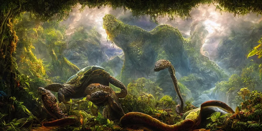 Image similar to fantasy oil painting, great leviathan, turtle cephalopod terrapin reptilian pachyderm amphibian hybrid, epic natural light, lush plants flowers, rainforest mountains, bright clouds, luminous sky, outer worlds, cinematic lighting, michael whelan, michael cheval, vray, 8 k hd