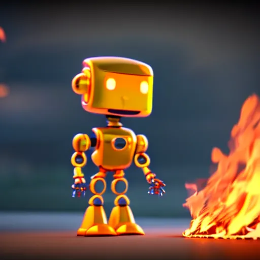 Image similar to a cute little robot consists of fire. super realistic 8 k render of a elegant, cinematic composition