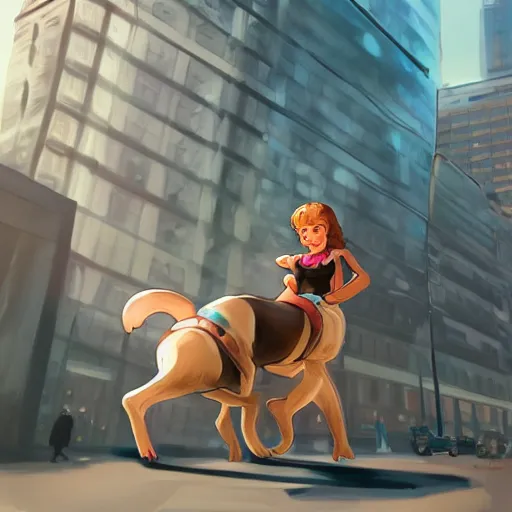 Image similar to girl riding a giant dog in the city, trending on artstation