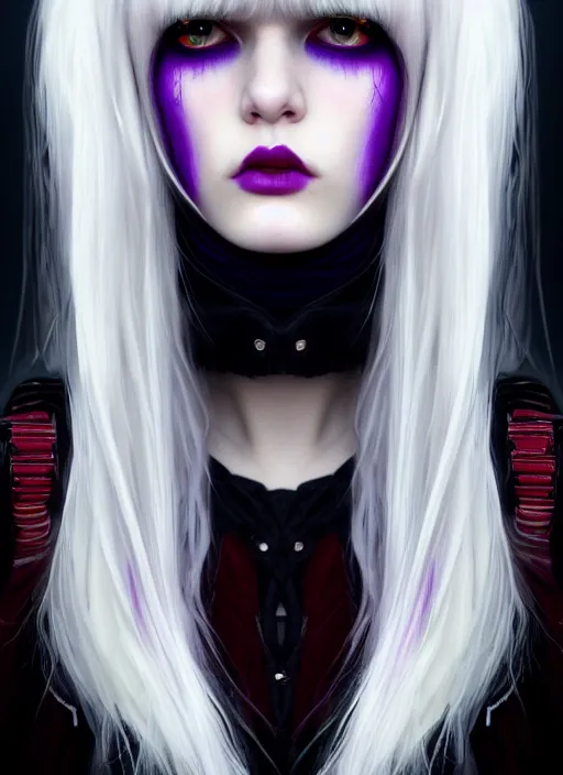 Image similar to portrait of white teenage girl, normal face, white bangs, mall goth, cyberlox, black and white hair, bangs, fluffy bangs, red contact lenses, purple lipstick, intricate, elegant, highly detailed, digital painting, artstation, concept art, sharp focus, smooth, illustration, art by wlop, mars ravelo and greg rutkowski