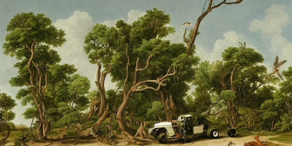 Prompt: Monster truck, plain white background, green leaves and trees, naturalistic, in the style of birds of america, painting by john james audubon