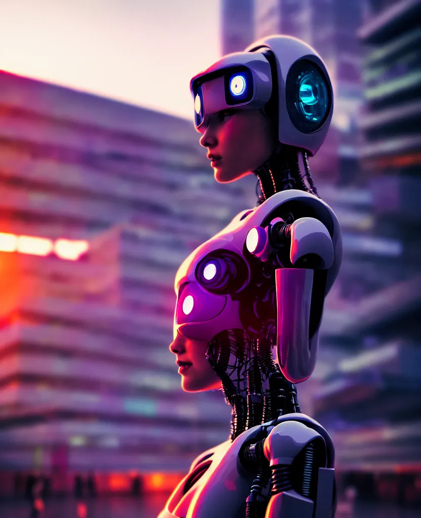 Image similar to a photo close up cyberpunk half robot half girl stands in a cyberpunk hiroshima, prefecture streets, sunset, photorealistic, cinematic lighting, very detailed, style by tomino - sama