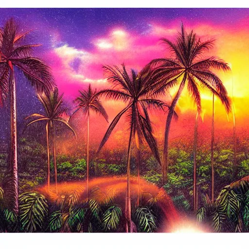 Prompt: sunset tropical forest, sparkling spirits, detailed wide shot, crayon, ground detailed, wet eyes reflecting into eyes reflecting into infinity, beautiful lighting