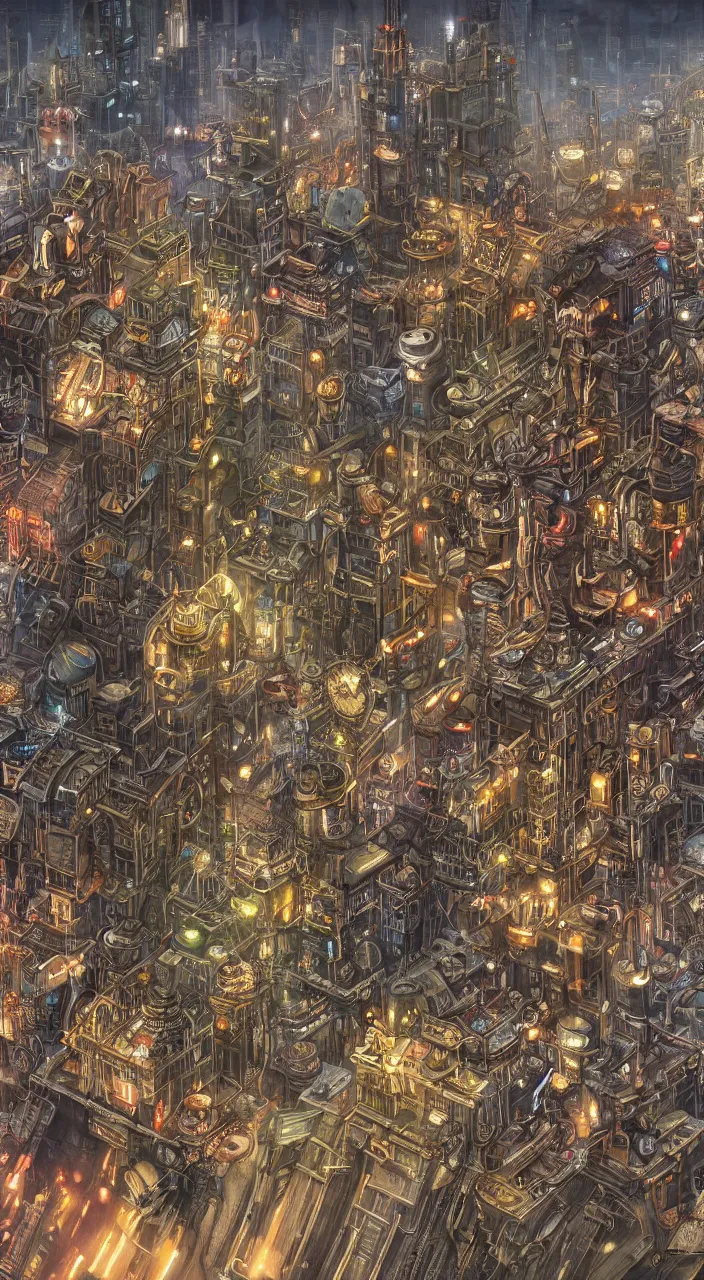 Image similar to hyper detailed painting of a steampunk city intertwining with a cyberpunk city,